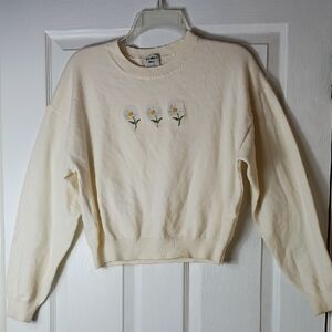 Aritzia Sunday Best Merino Wool Blend Cream Sweater with Floral Embroidery